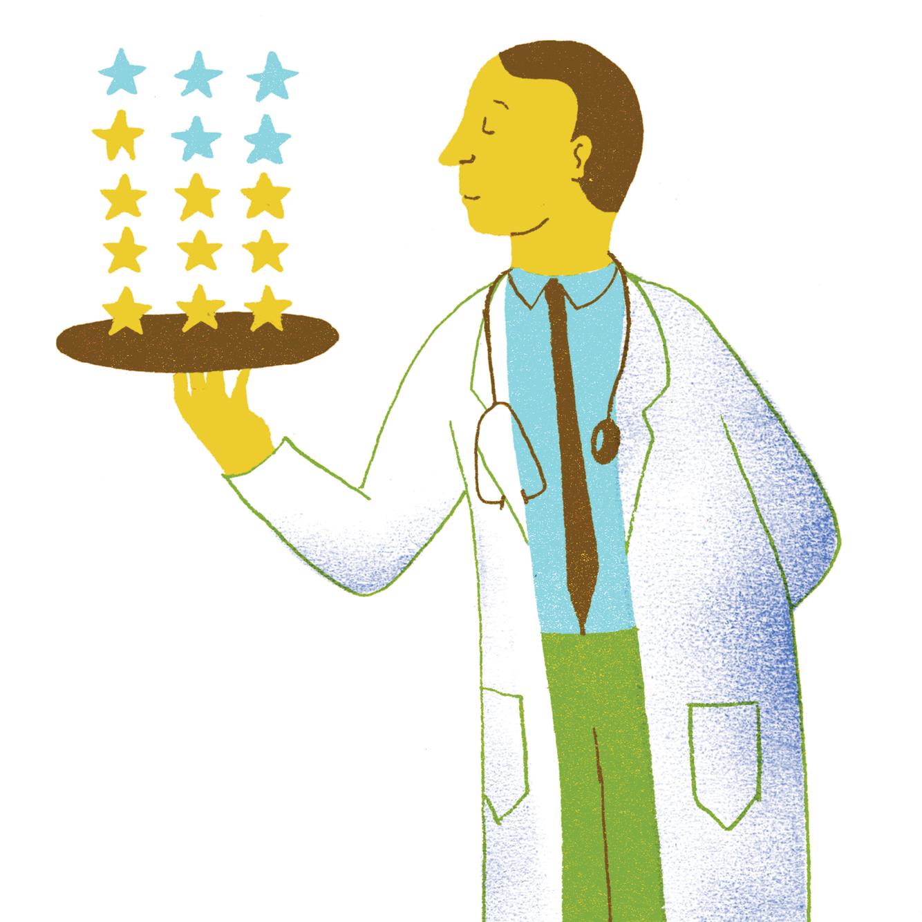 illustration of a doctor holding a tray with stars on it