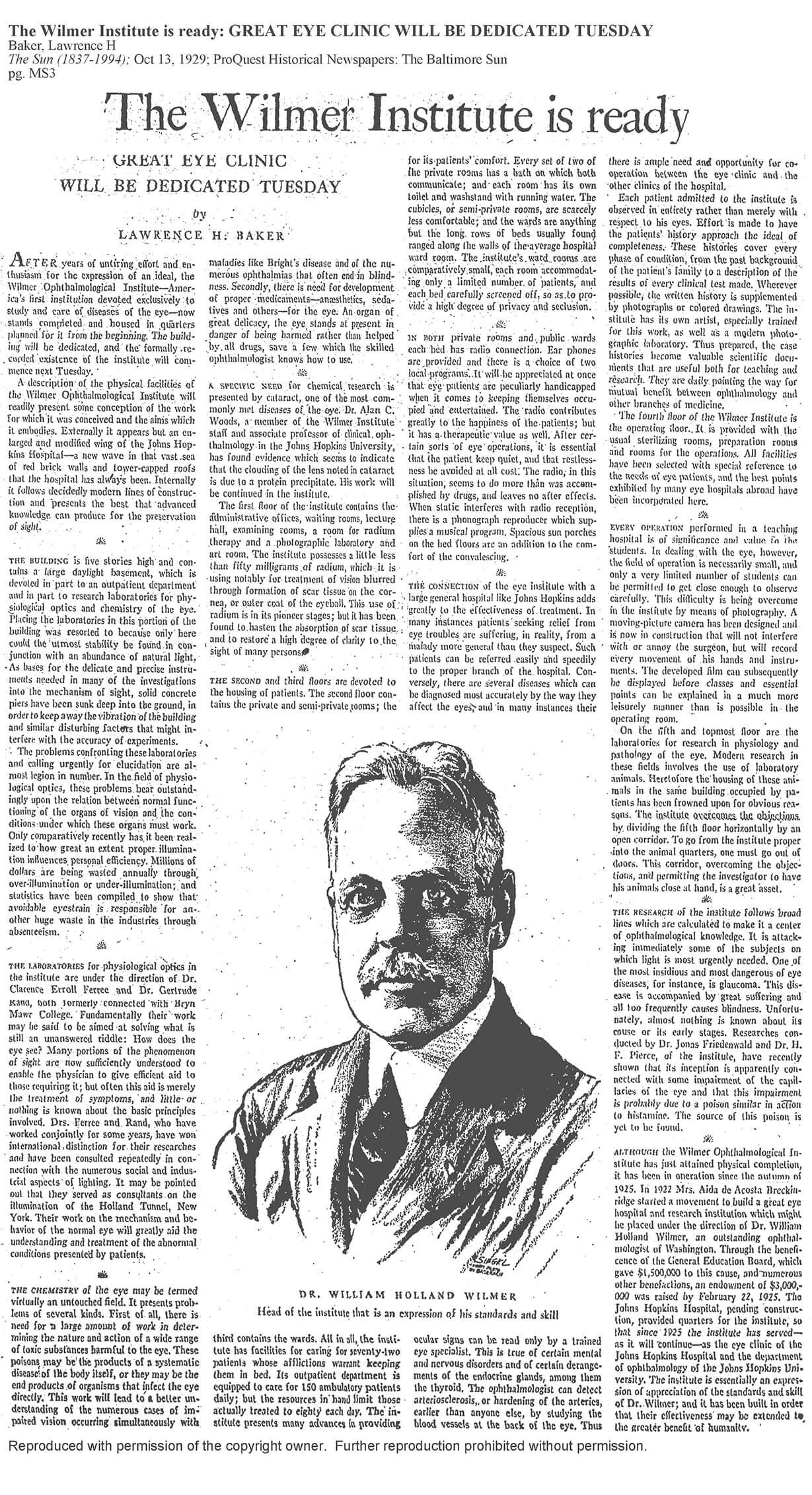 A Baltimore Sun article about the founding of the Wilmer Eye Institute.