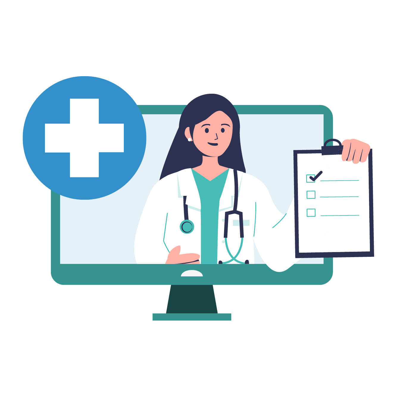 Digital illustration of a doctor on a computer screen.