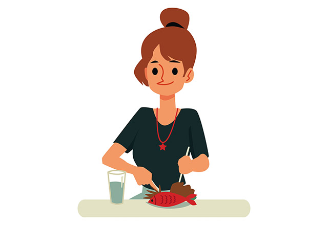 Illustration of a woman eating fish