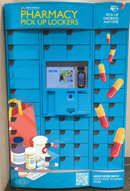 Digital illustration of a blue pharmacy locker with pills and shopping bags superimposed on top