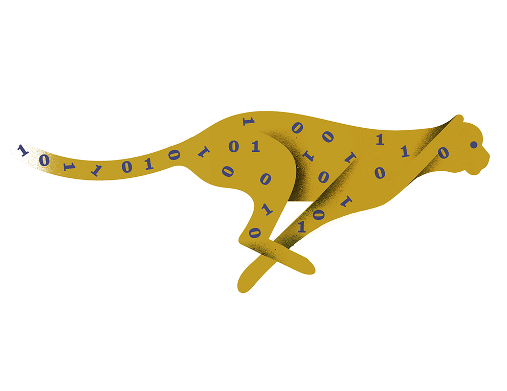 An illustration. of a cheetah running. 0s and 1s replace it's spots.