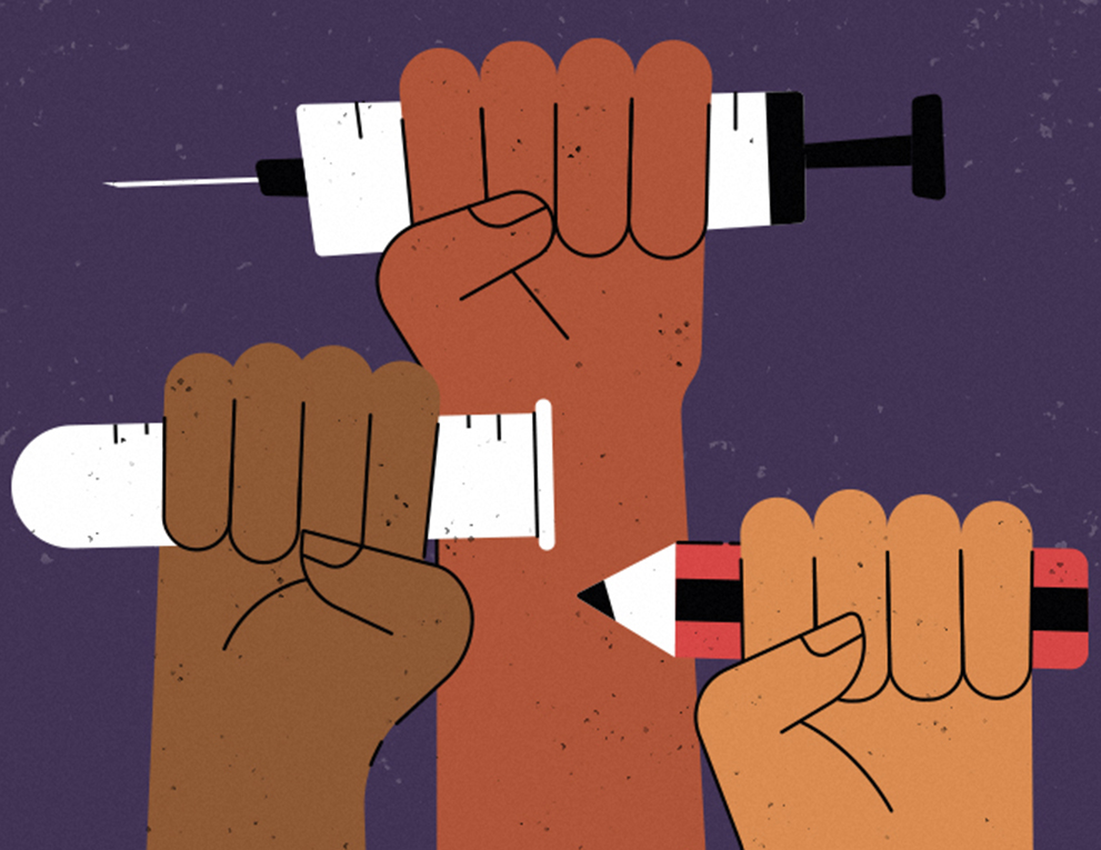 Fists of people of color hold a syringe, a test tube and a pencil.