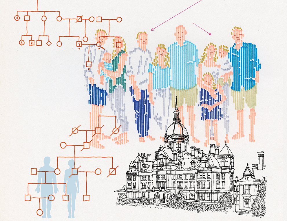 An illustration of a family. Arrows surround them.