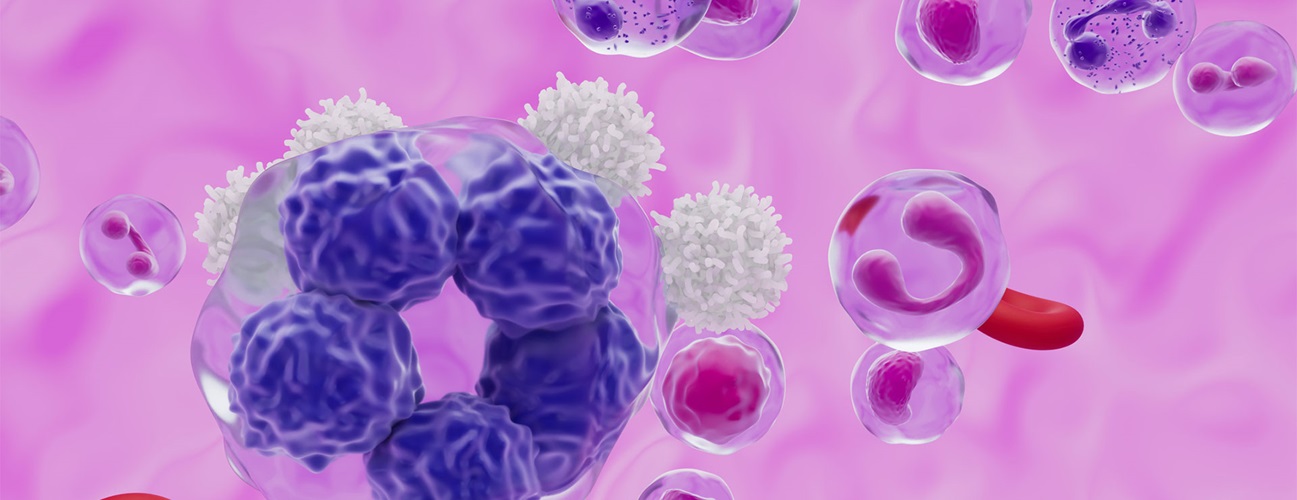 Digital illustration of a T-cell lymphoma in the blood stream.