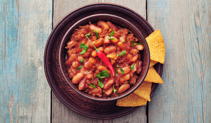 Bowl of bean chili and rice