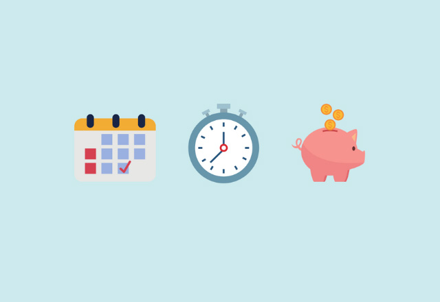 icons of calendar, time, money
