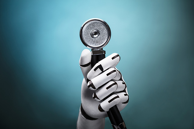 robot hand holding a stethoscope