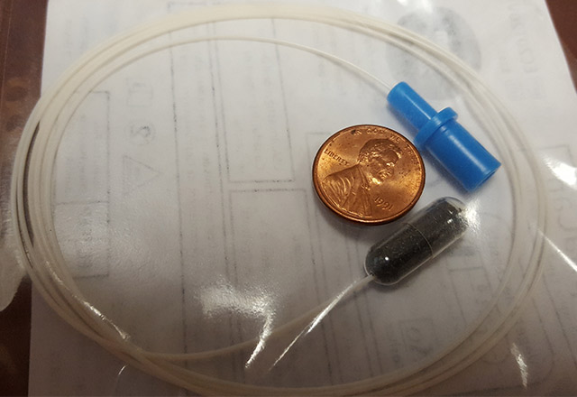 A small sponge compressed within a capsule was used to collect cells from the esophagus to look for biomarkers of esophageal cancer and precancerous conditions. Credit: Stephen Meltzer, M.D.