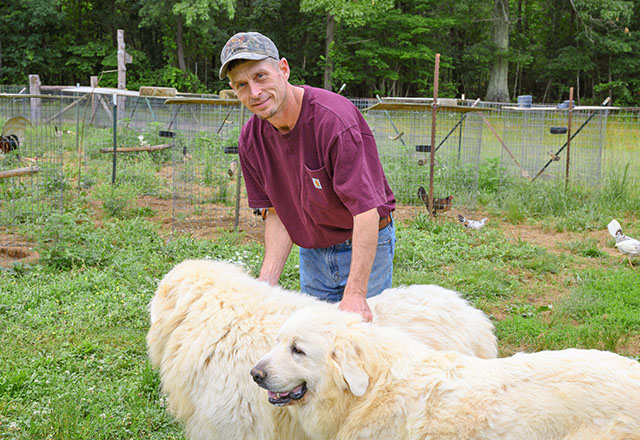 Keith outdoors on his farm with his two dogs.
