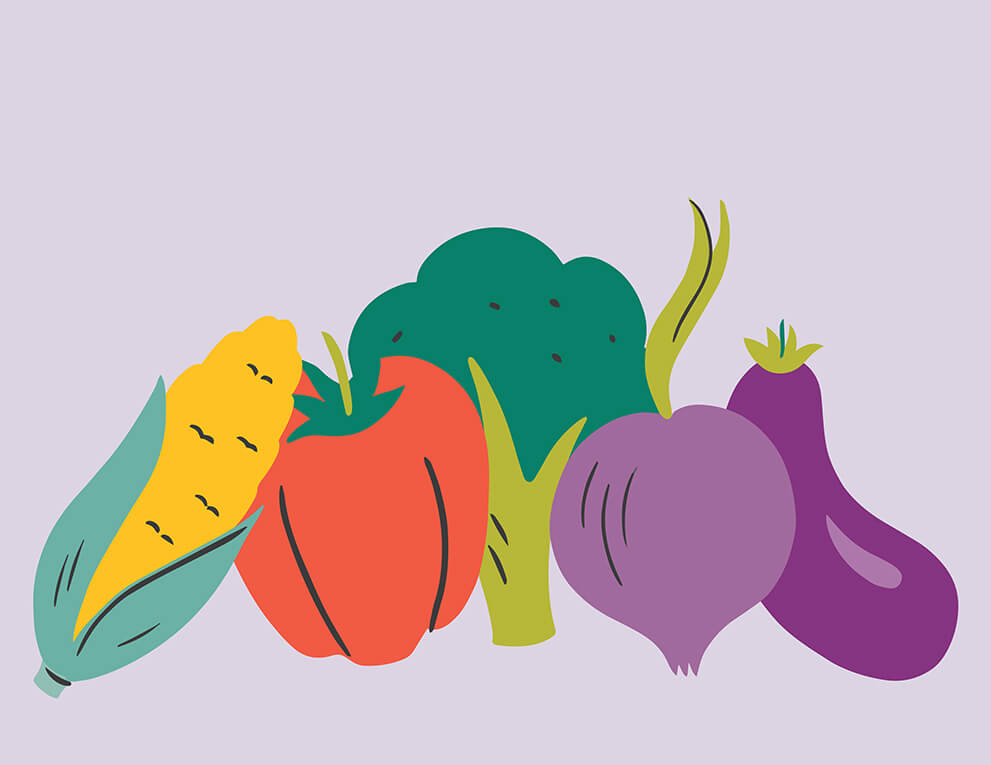 illustration of corn, pumpkin, radish, broccoli, and eggplant