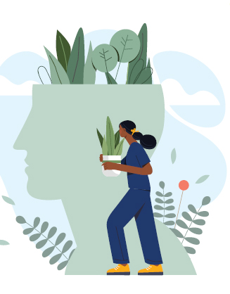 Graphic of a healthcare provider holding a plant with a plant-based mental health image in the background