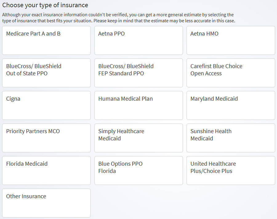 Selections for different insurances shown.