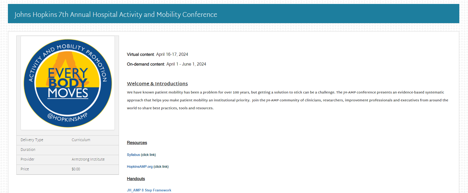 screenshot of the conference description page