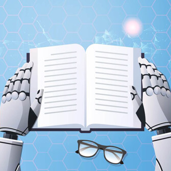 Vector image of robot hands holding open pages of a book.