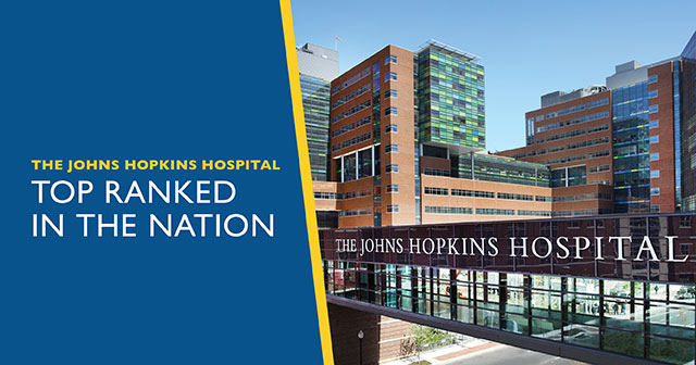 Top Ranked In the Nation banner set against the front entrance of The Johns Hopkins Hospital