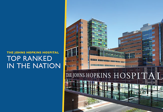 Top Ranked In the Nation banner set against the front entrance of The Johns Hopkins Hospital