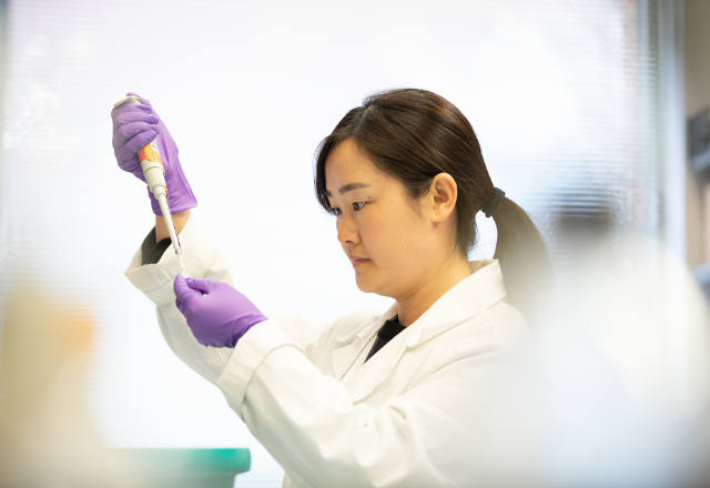 Researchers in lab testing samples