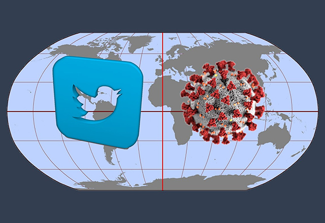 An image of the world, with the Twitter logo and a coronavirus superimposed on it.