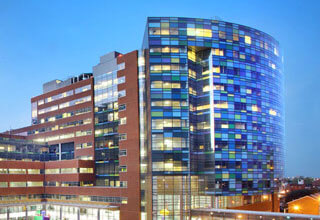 The Charlotte R Bloomberg Center building at night