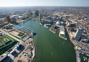 An aerial shot of Baltimore's Inner Harbor.