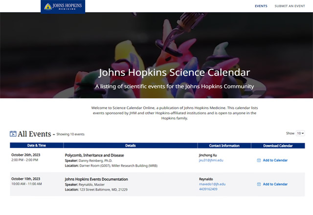 Johns Hopkins SciCal Homepage (screenshot)