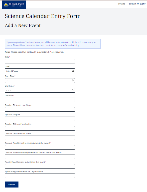 Science Calendar new entry form